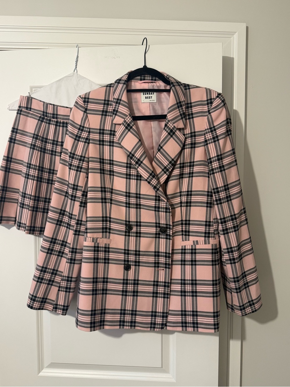 Sunday Best Pink and Black Plaid Double-Breasted Blazer & Skirt